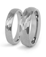 Matching grey tungsten wedding bands with hammered finish