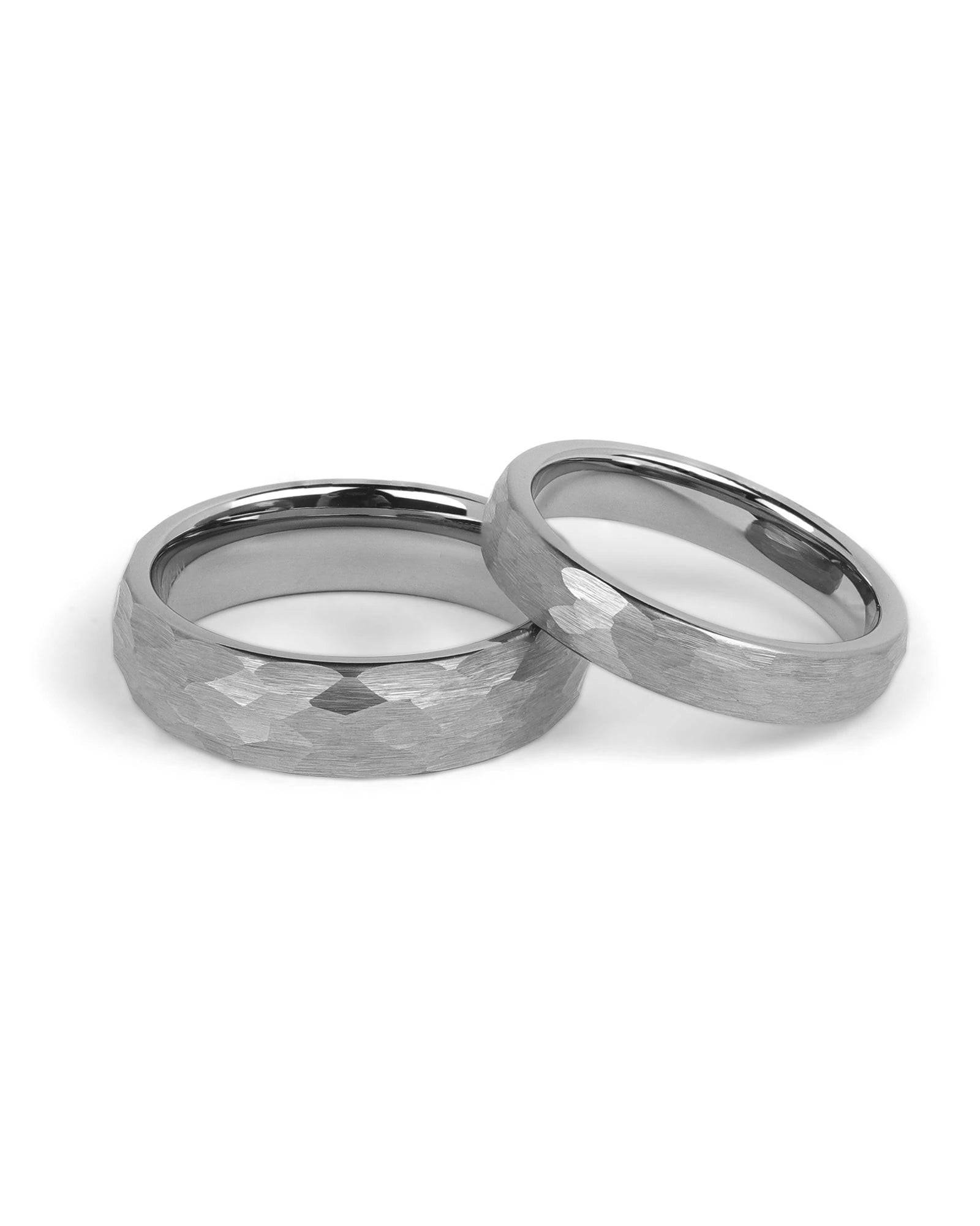 Matching grey tungsten wedding bands with hammered finish