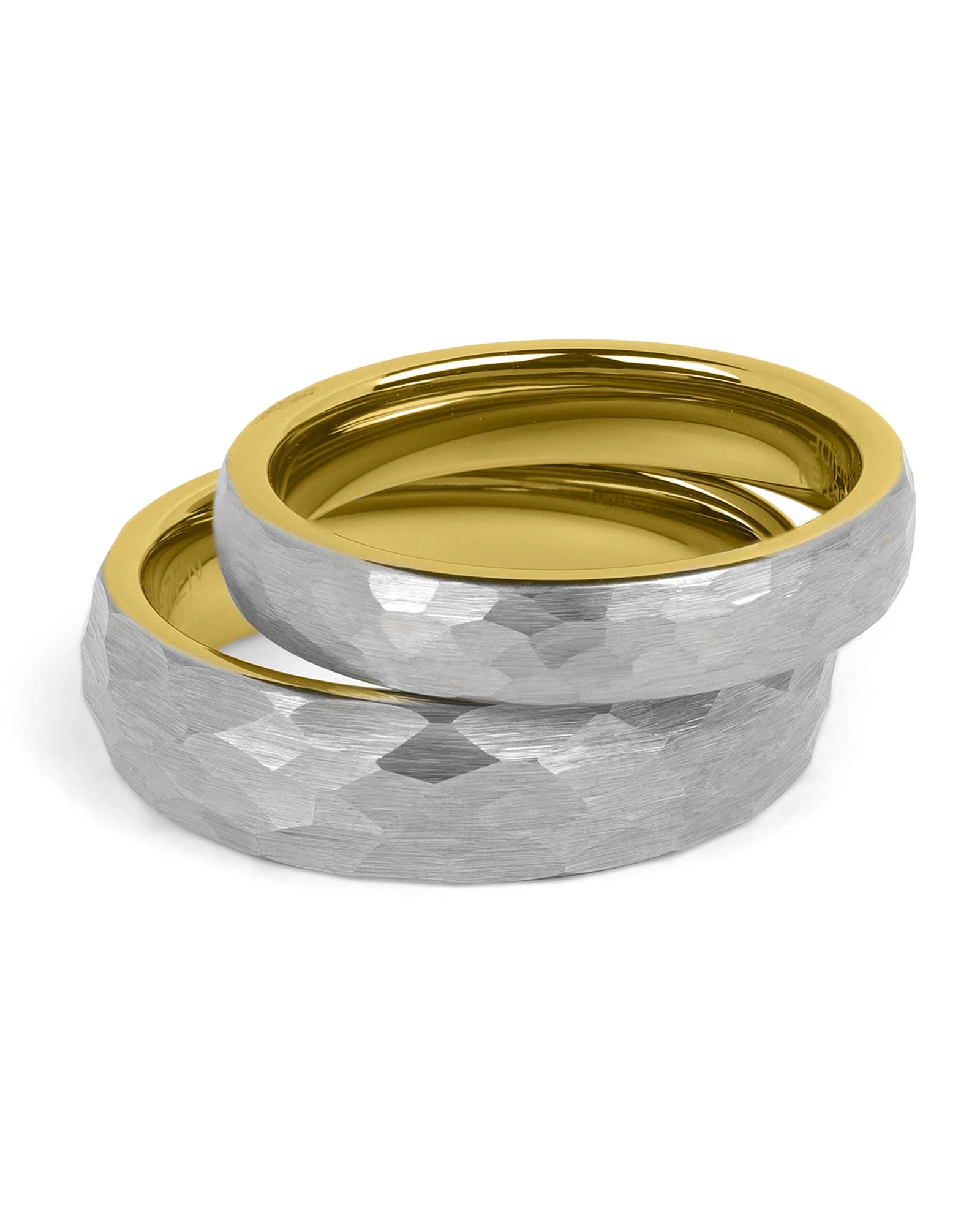 Matching grey and gold hammered tungsten couples wedding bands