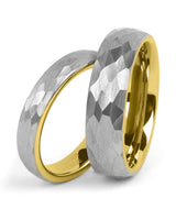 Matching grey and gold hammered tungsten couples wedding bands