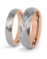 Grey and rose gold hammered couples wedding ring set
