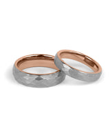 Matching two-tone grey and rose gold hammered wedding bands