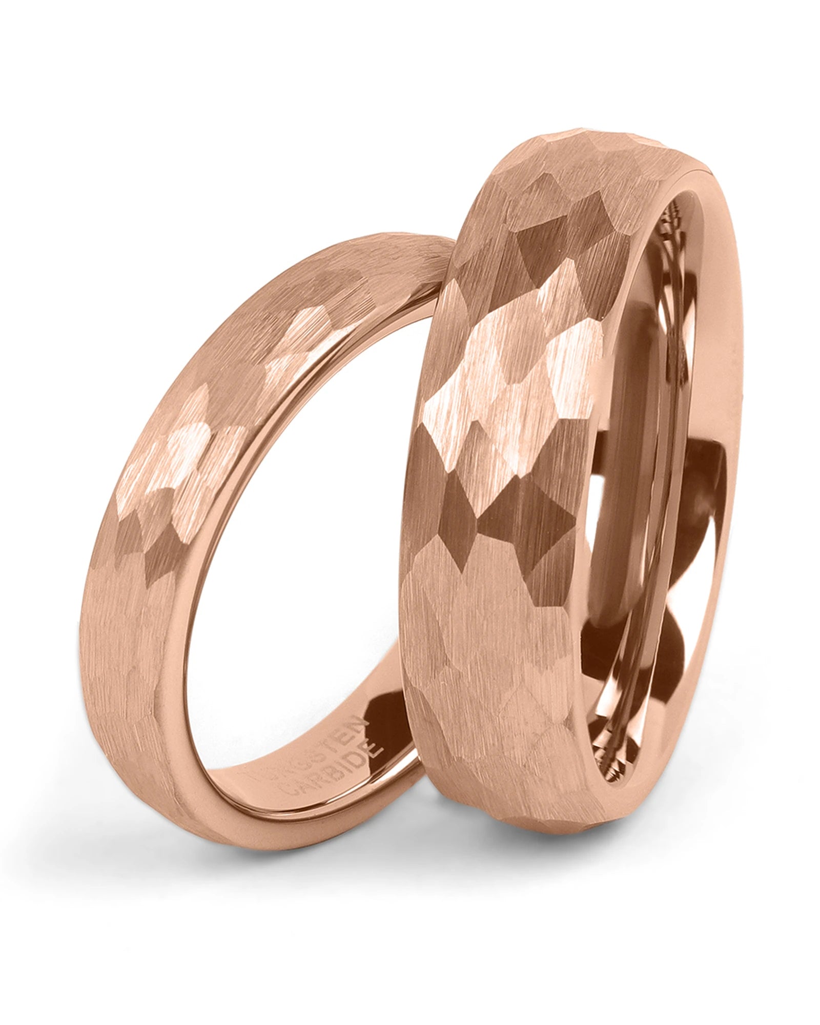 Matching rose gold hammered tungsten couples wedding bands