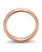 Side view of rose gold hammered tungsten wedding band for men