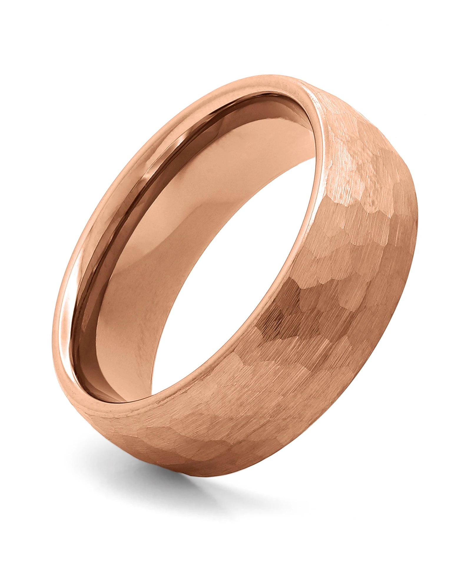 Front view of rose gold hammered 8mm men's wedding band