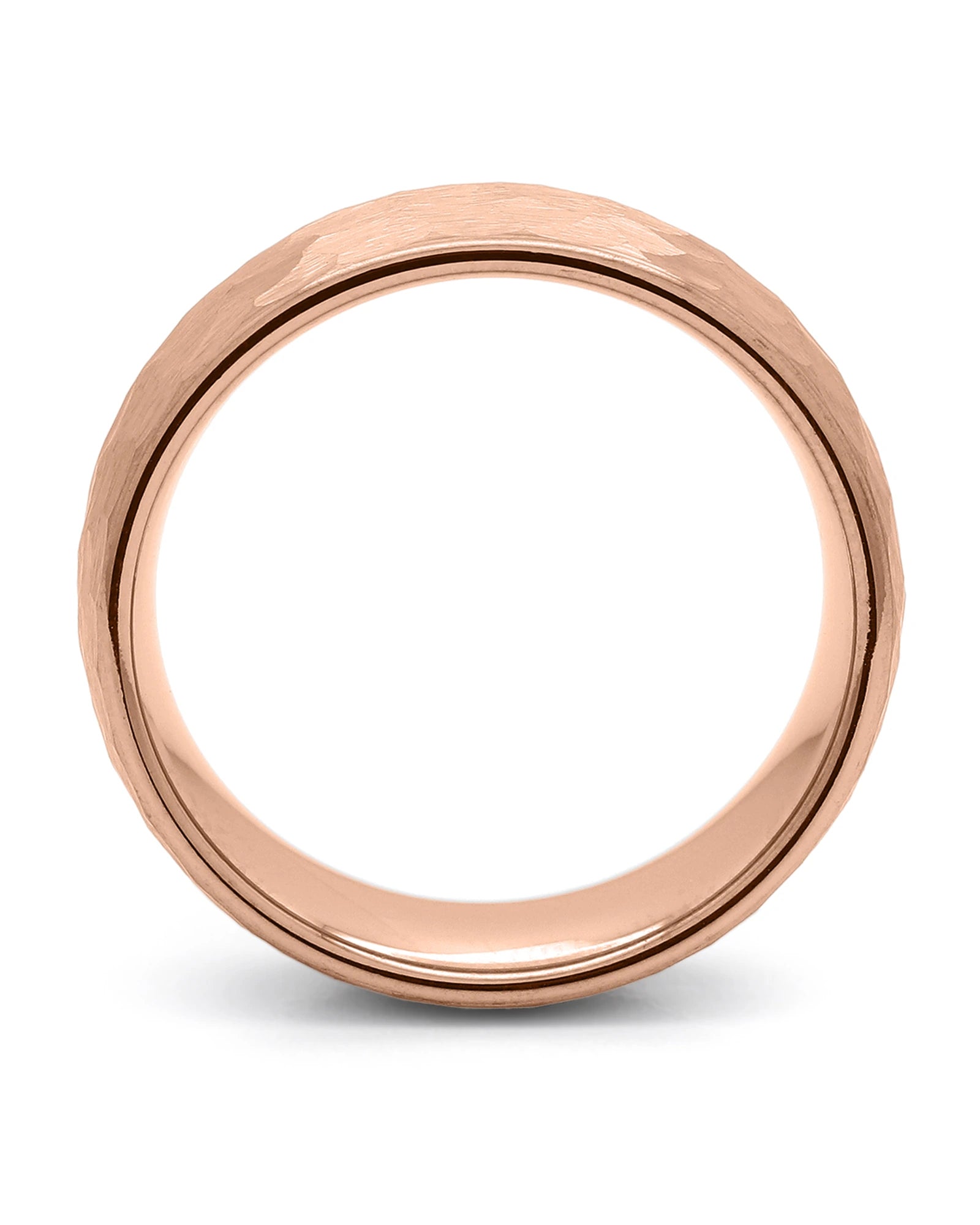 Side view of rose gold hammered 8mm tungsten wedding ring