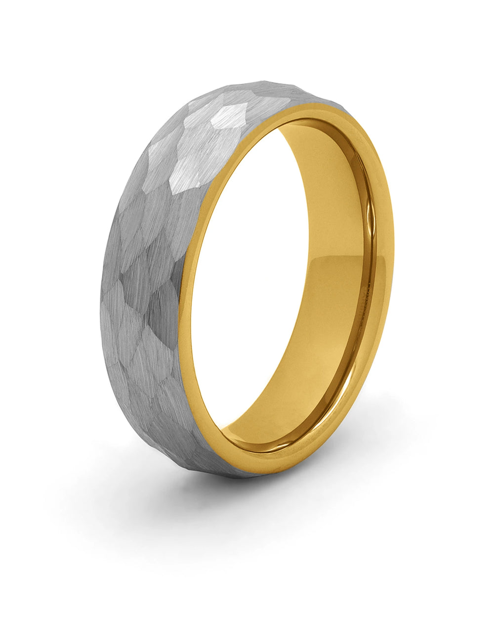 Silver and gold hammered tungsten men's wedding ring, 6mm band