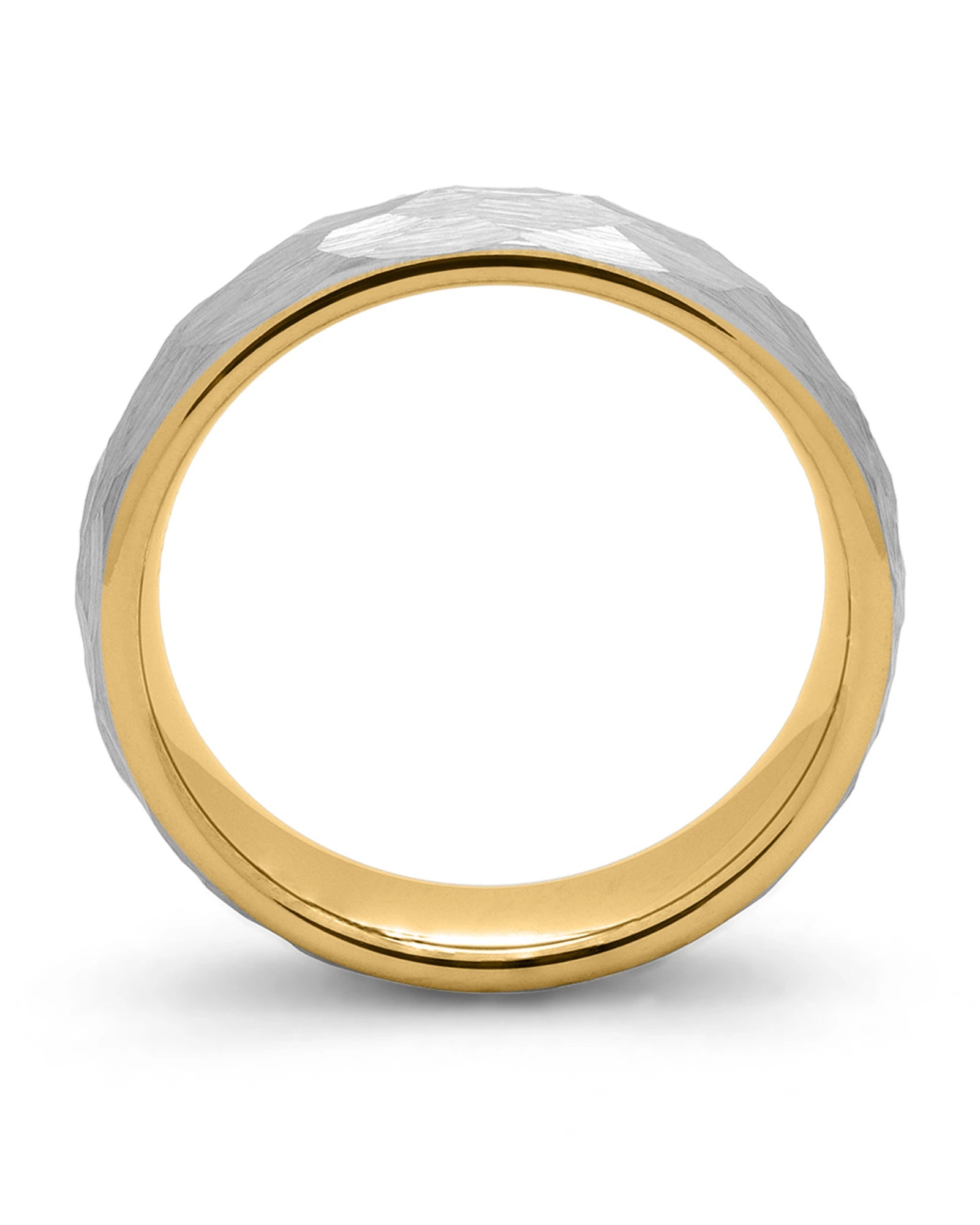 Side view of silver and gold hammered tungsten wedding band