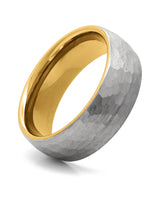 Front view of silver and gold hammered 8mm wedding band