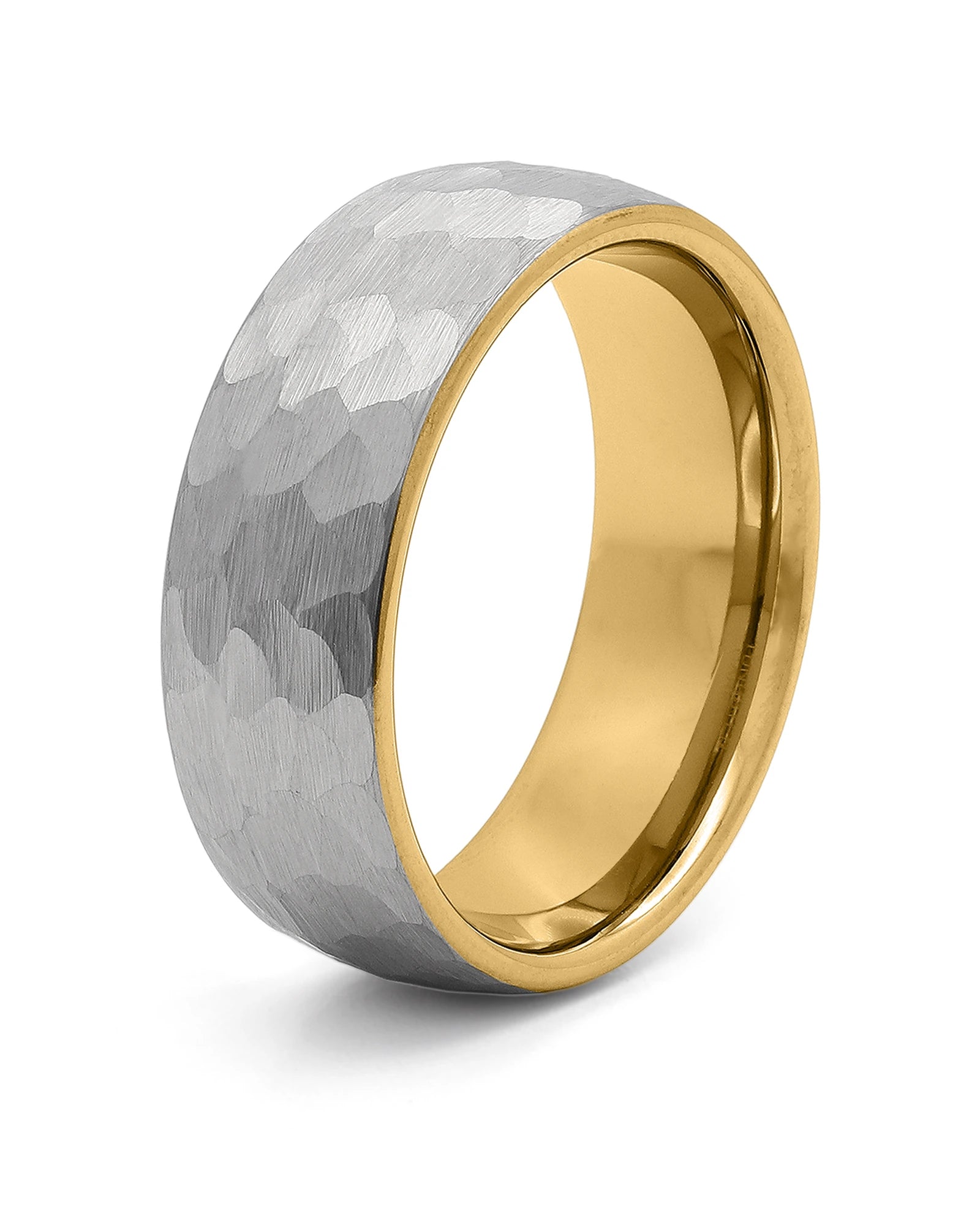 Silver and gold hammered tungsten men's wedding ring, 8mm band