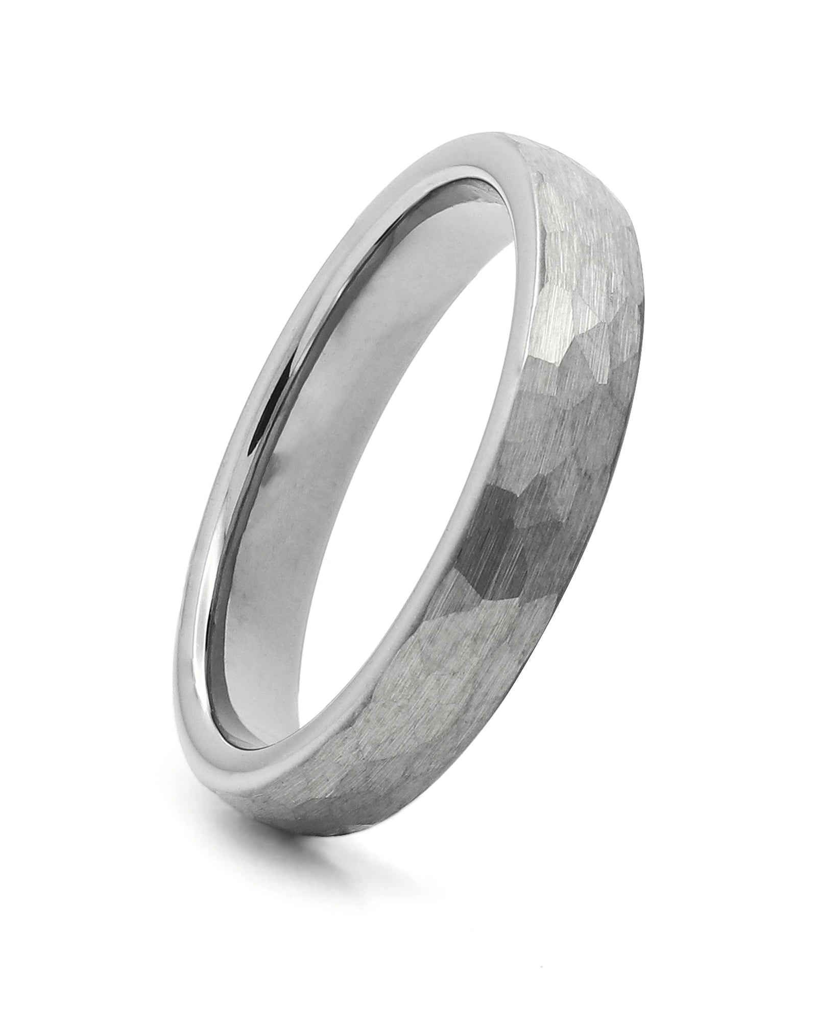 Front view of silver hammered 4mm tungsten wedding band