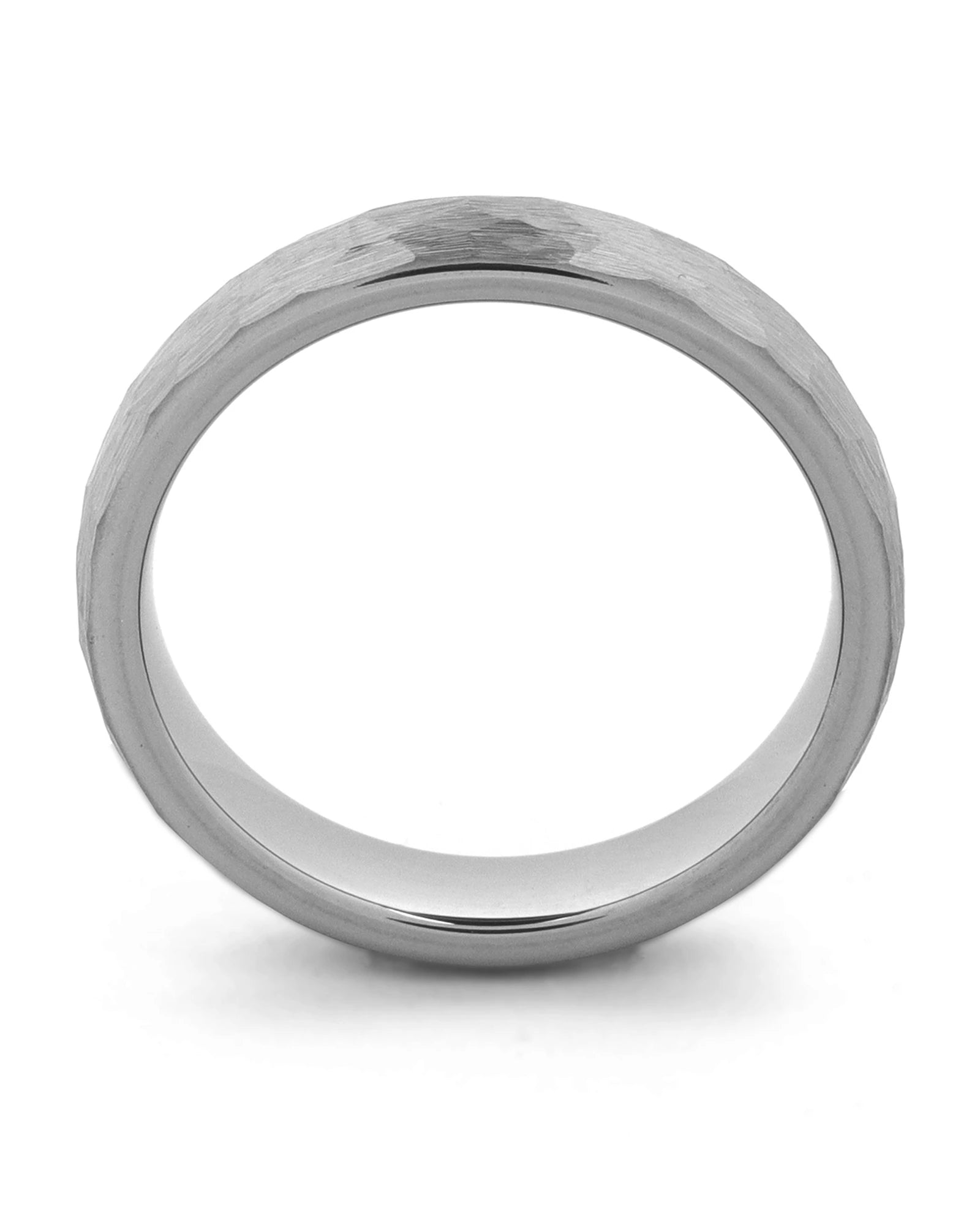 Side view of silver hammered 4mm tungsten wedding ring
