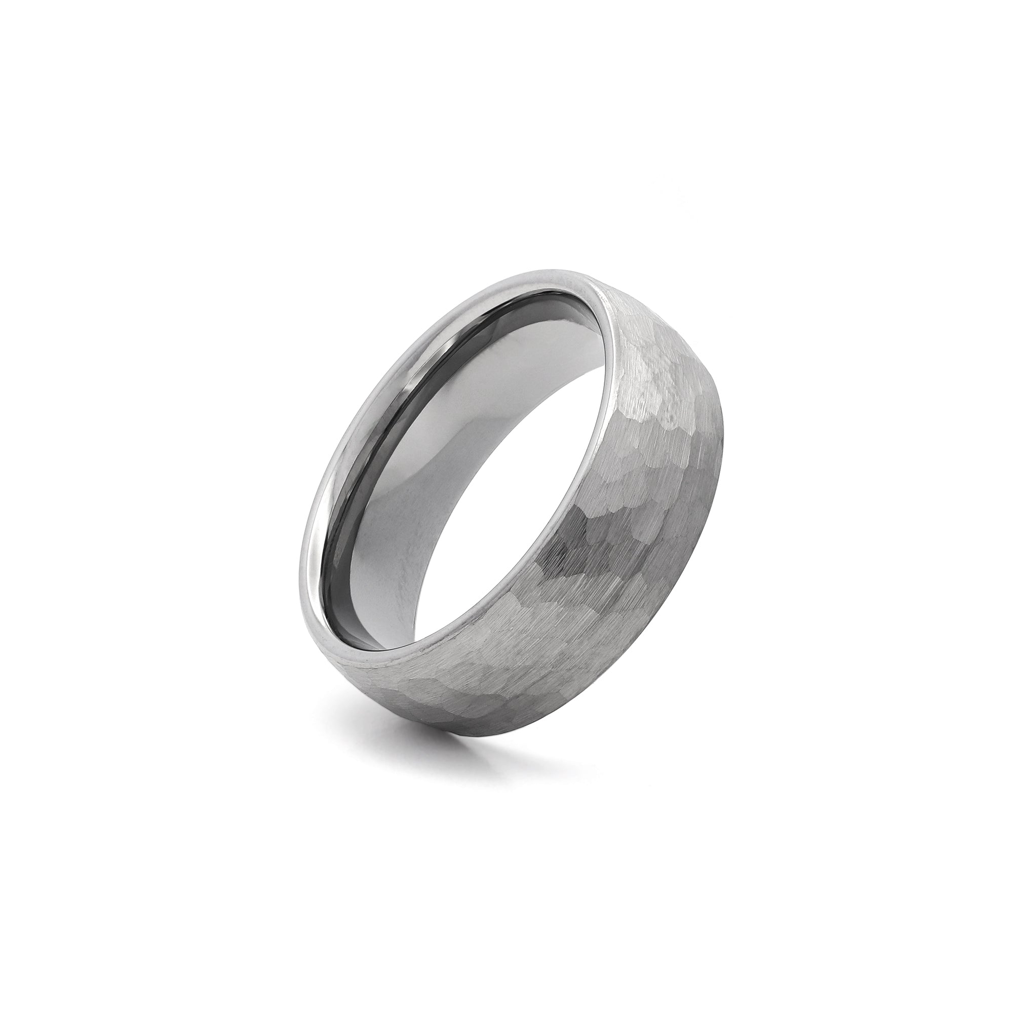 mens 8mm hammered tungsten ring textured finish silver