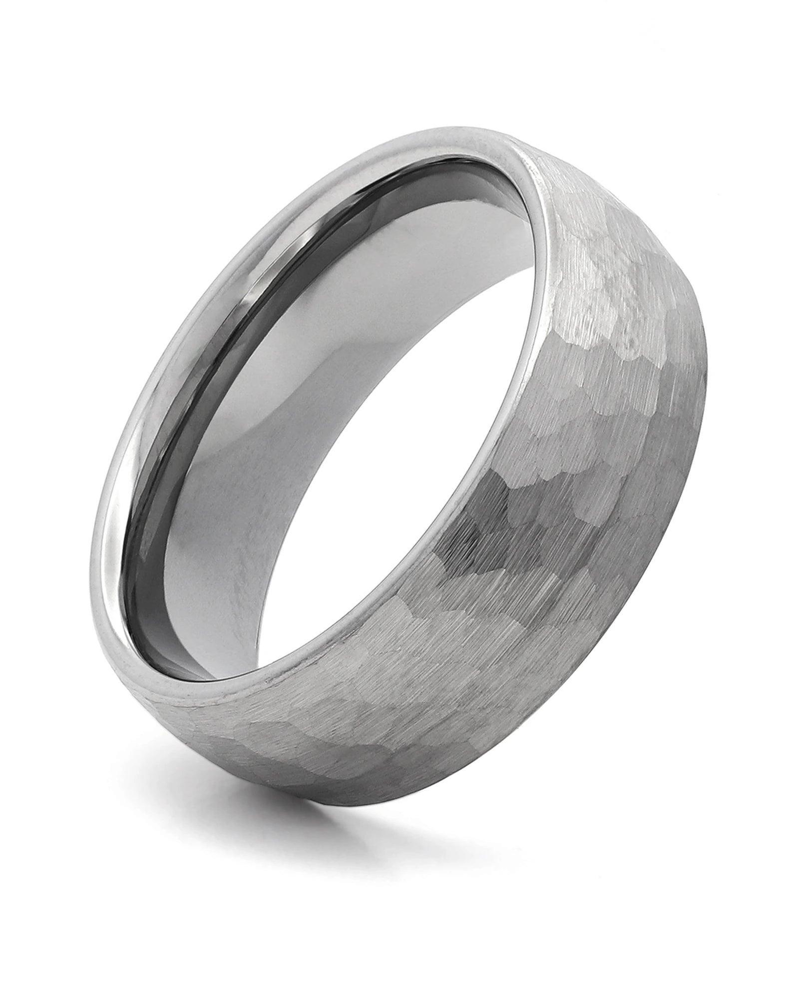 Front view of silver hammered 8mm men's wedding band