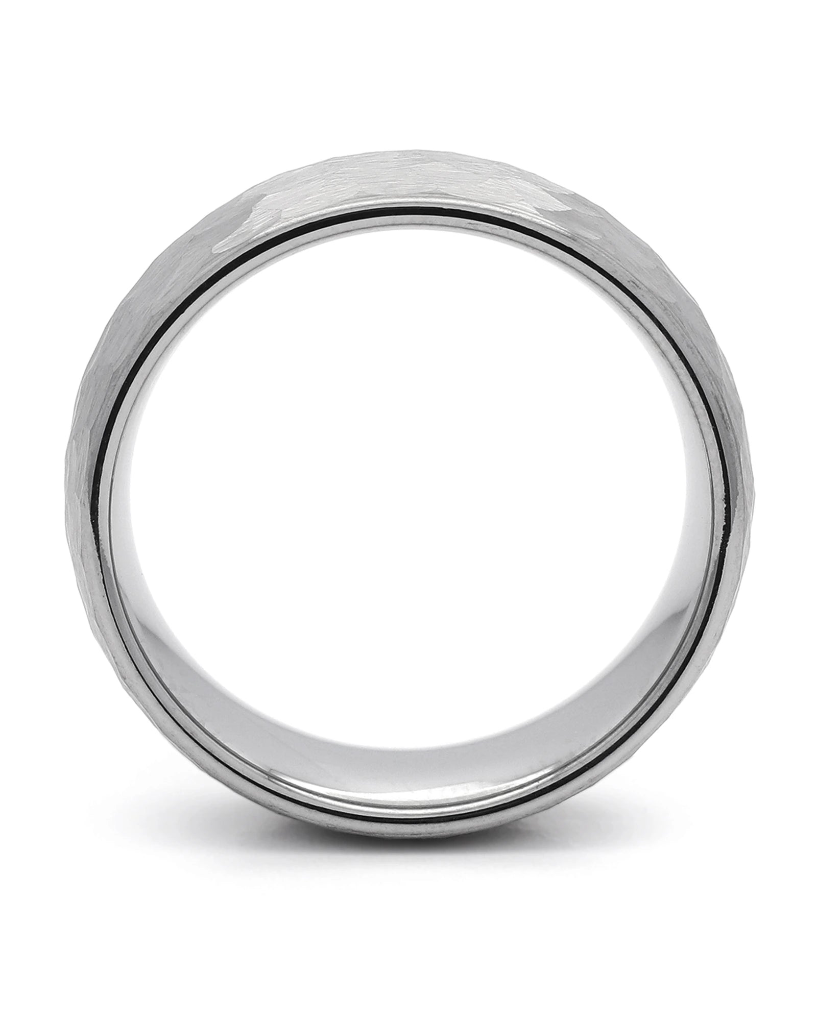 Side view of silver hammered 8mm tungsten wedding ring