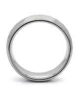 Side view of silver hammered 8mm tungsten wedding ring