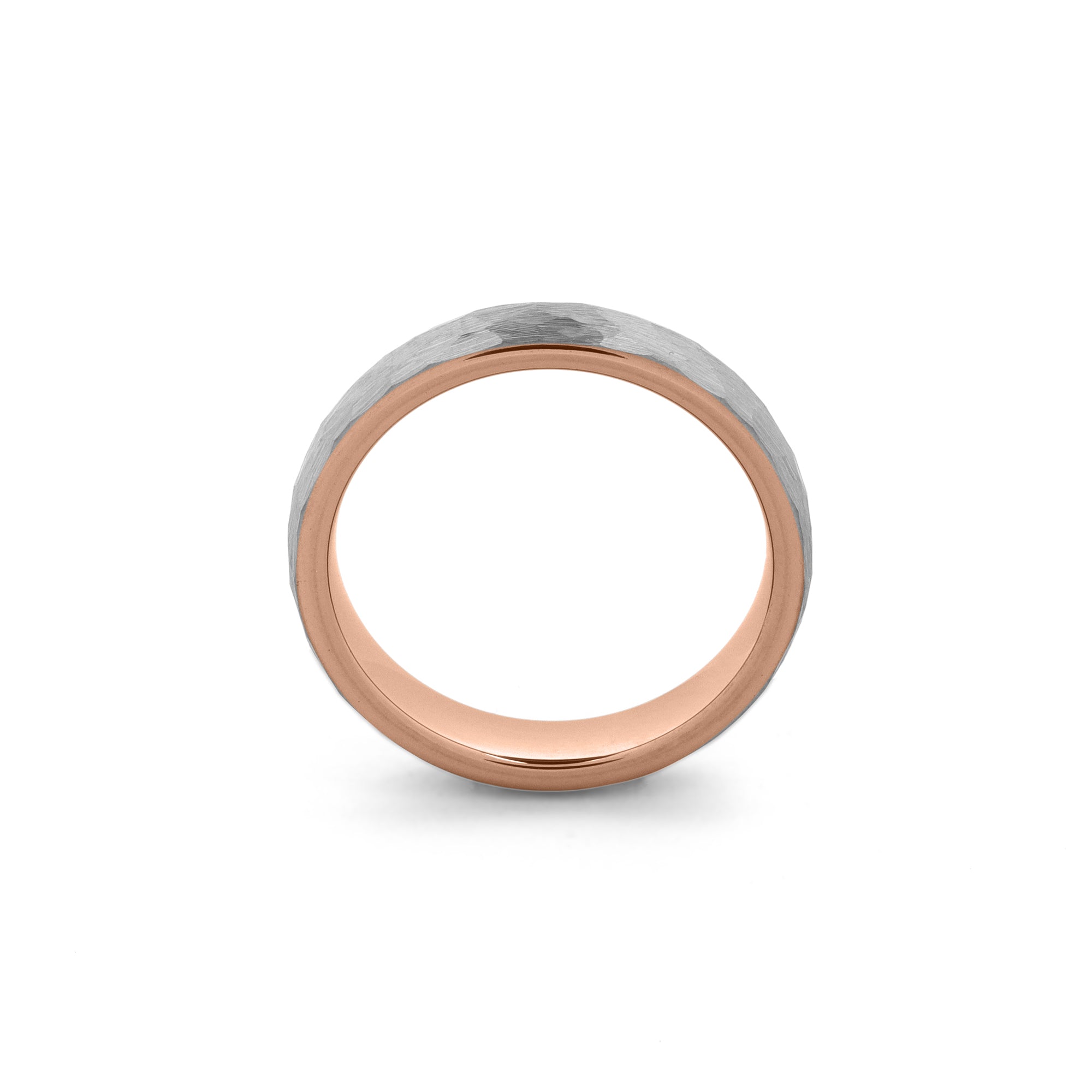 mens hammered tungsten ring textured finish silver & rose gold