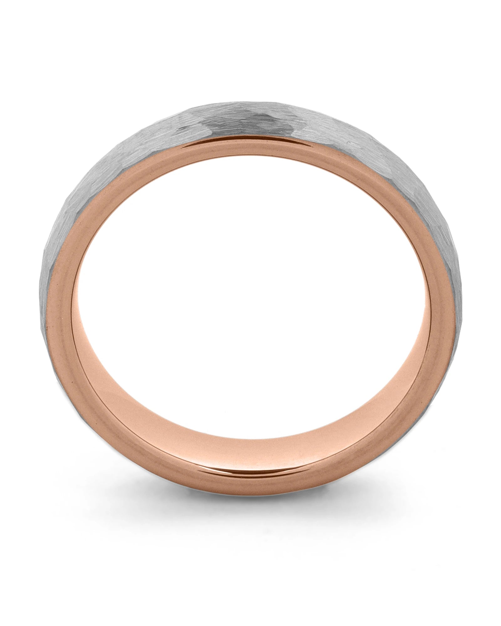 Side view of rose gold hammered 4mm tungsten wedding ring