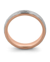 Side view of rose gold hammered 4mm tungsten wedding ring
