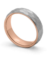 Front view of 6mm silver and rose gold hammered men's ring
