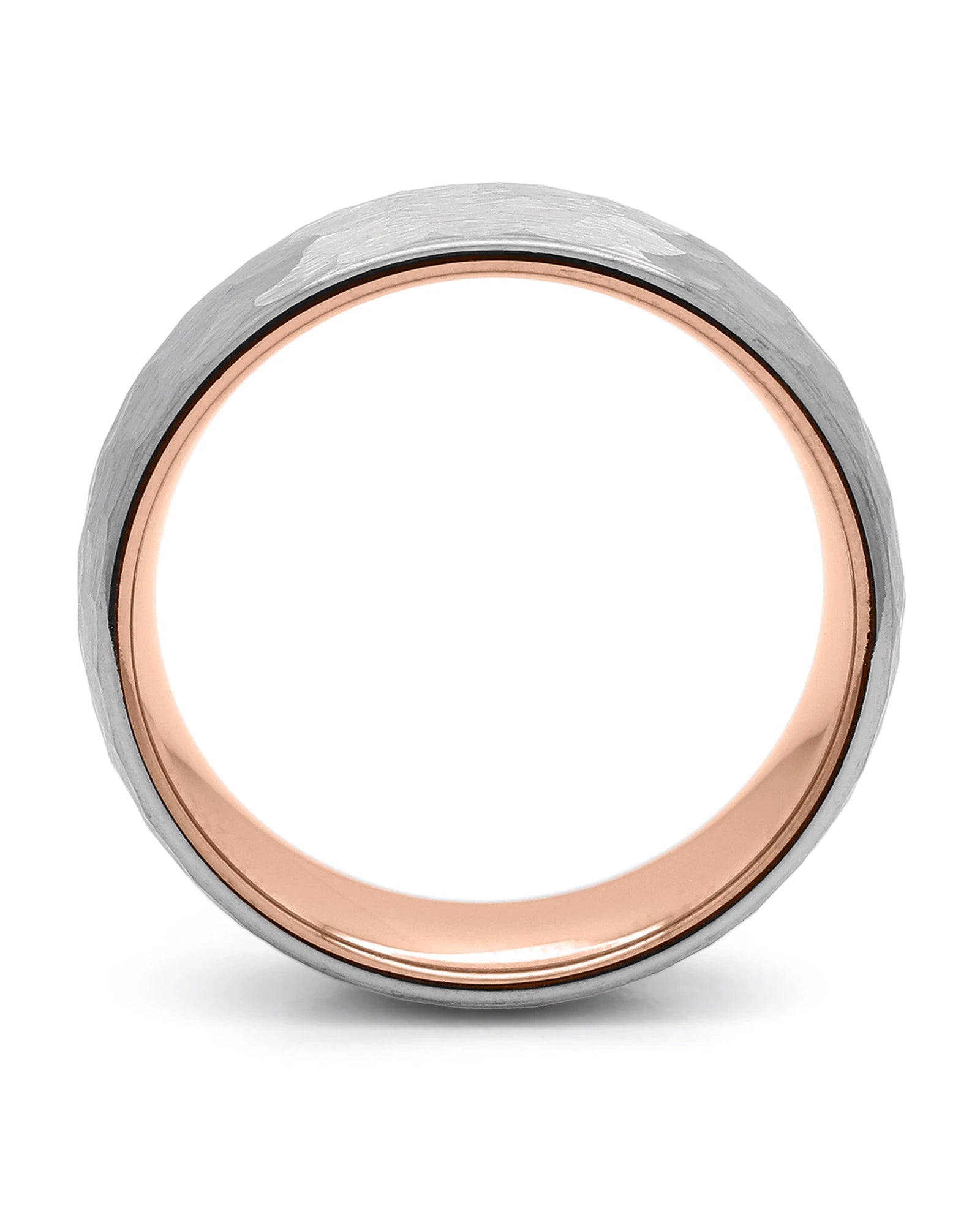 Side view of silver and gold hammered tungsten wedding ring