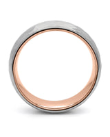 Side view of silver and gold hammered tungsten wedding ring