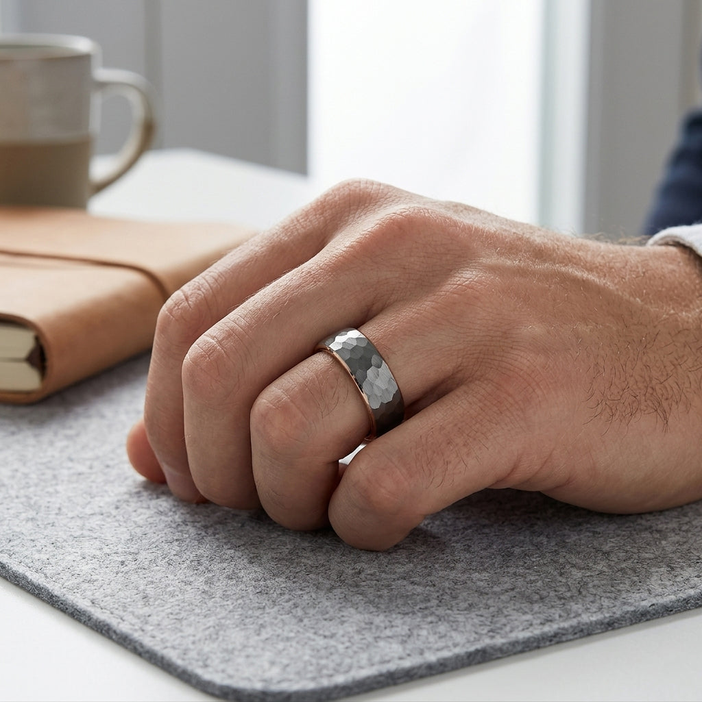 Hammered Tungsten Ring - Silver & Rose Gold - 8mm Wedding Band