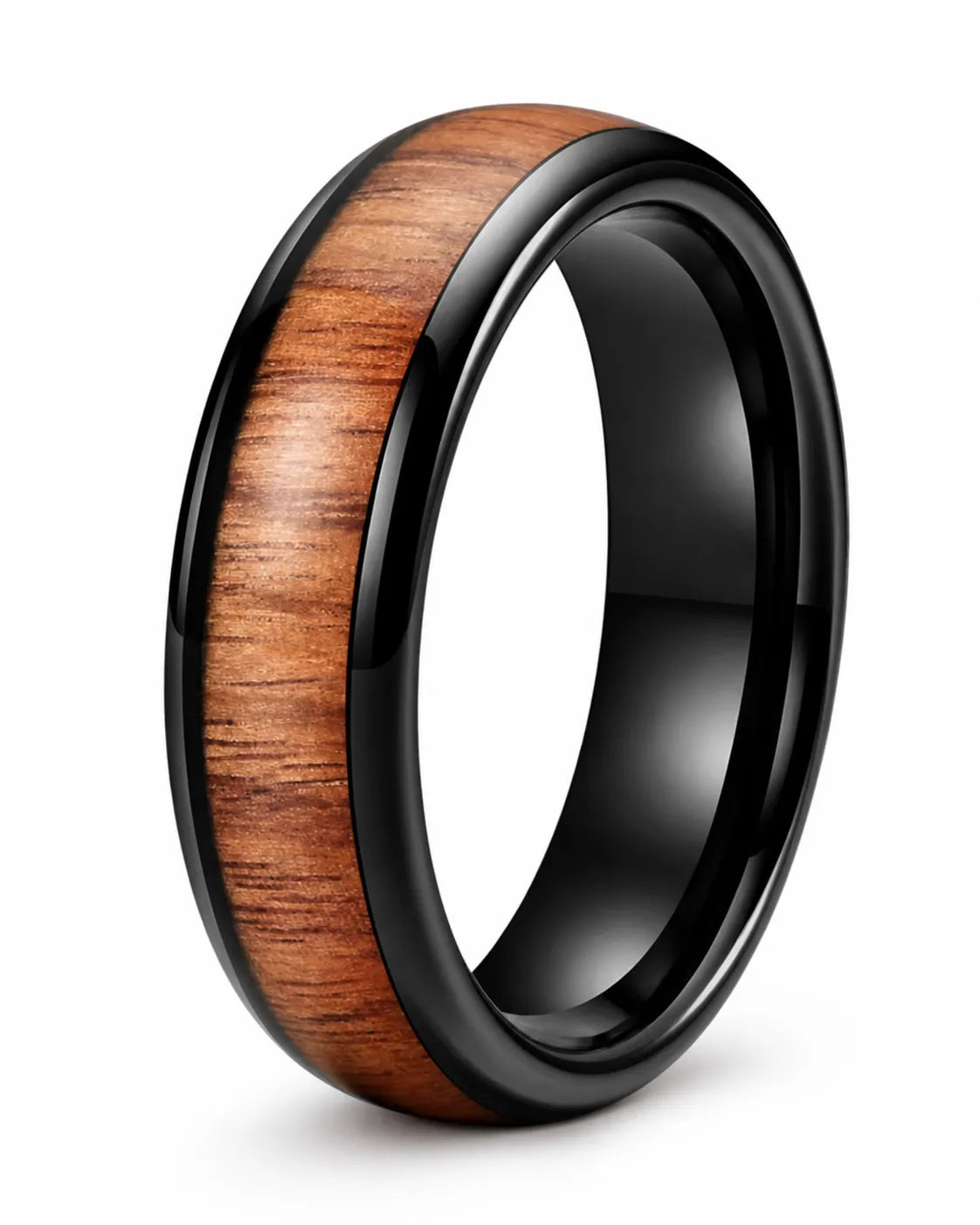 6mm black tungsten wedding ring with genuine Hawaiian koa wood inlay