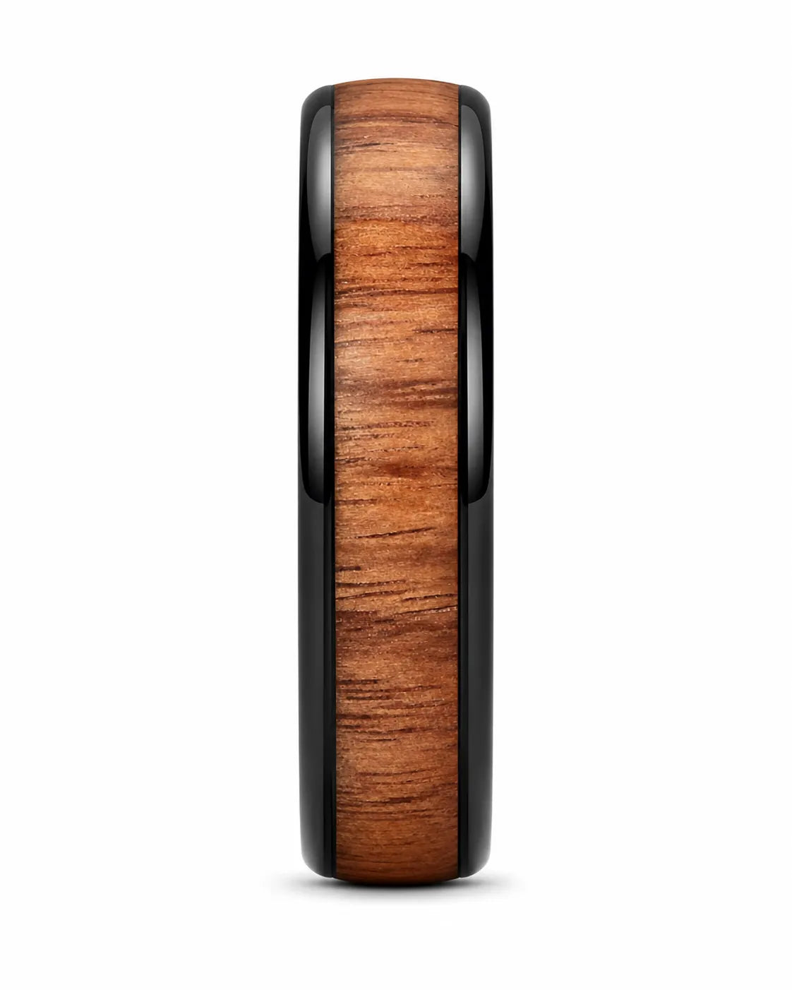 Front view of a 6mm black koa wood tungsten wedding ring