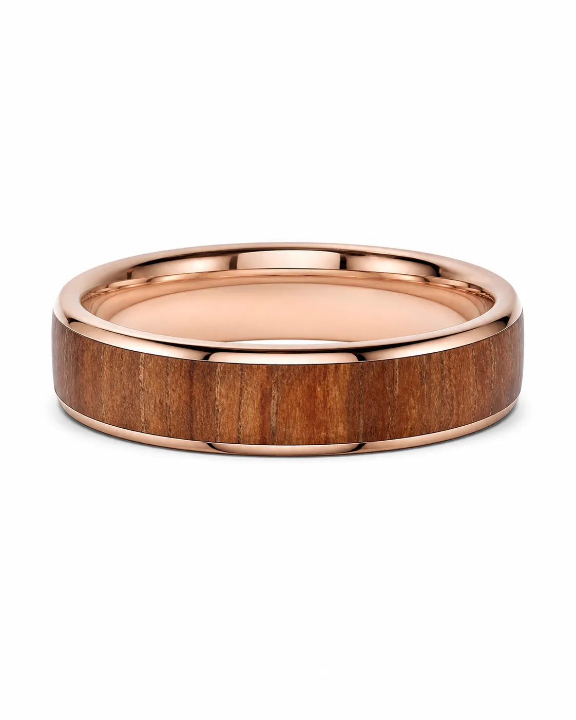 Men’s rose gold and reddish-brown wood inlay ring lying flat on a white studio background.