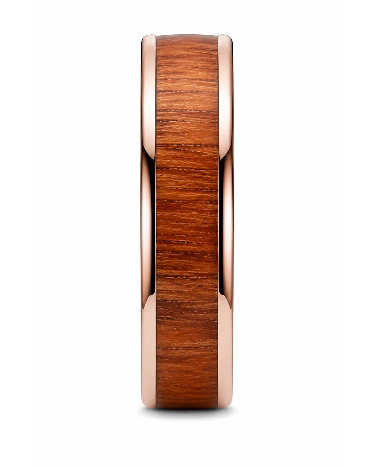 Side profile of a men’s ring featuring a reddish-brown wood inlay and polished rose gold edges.