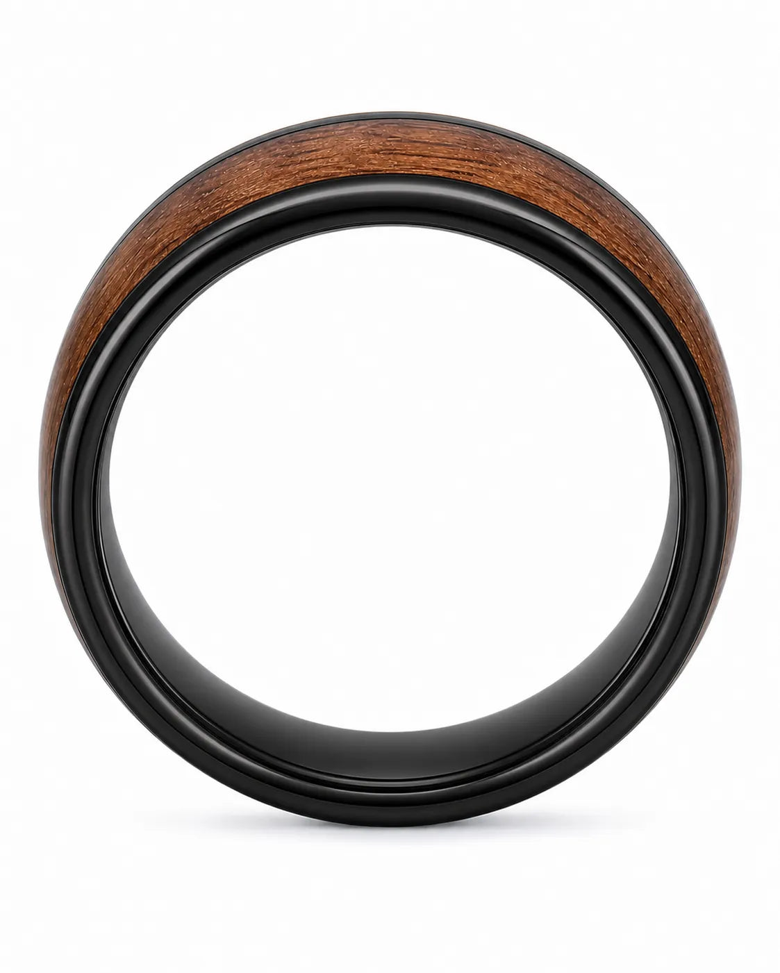 black tungsten wedding ring with genuine koa wood inlay
