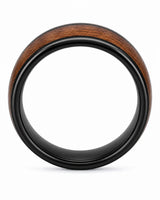 black tungsten wedding ring with genuine koa wood inlay