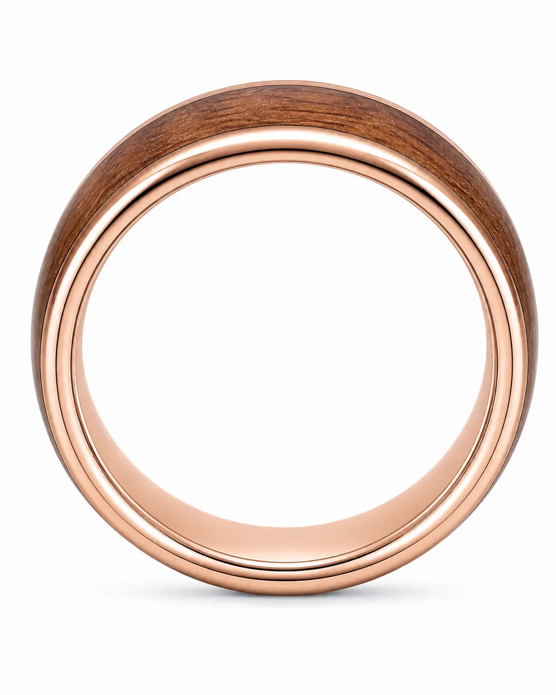 Side profile of a wide men’s ring with a reddish-brown wood centre and polished rose gold edges.
