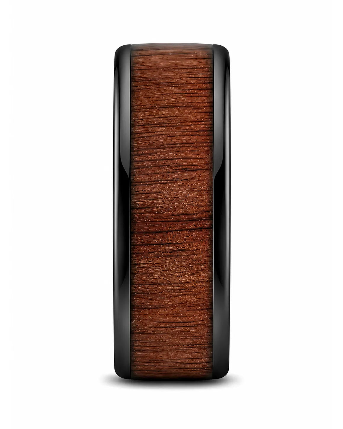 Side profile of a men’s ring featuring a reddish-brown wood inlay and polished black edges.