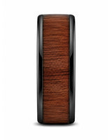Side profile of a men’s ring featuring a reddish-brown wood inlay and polished black edges.
