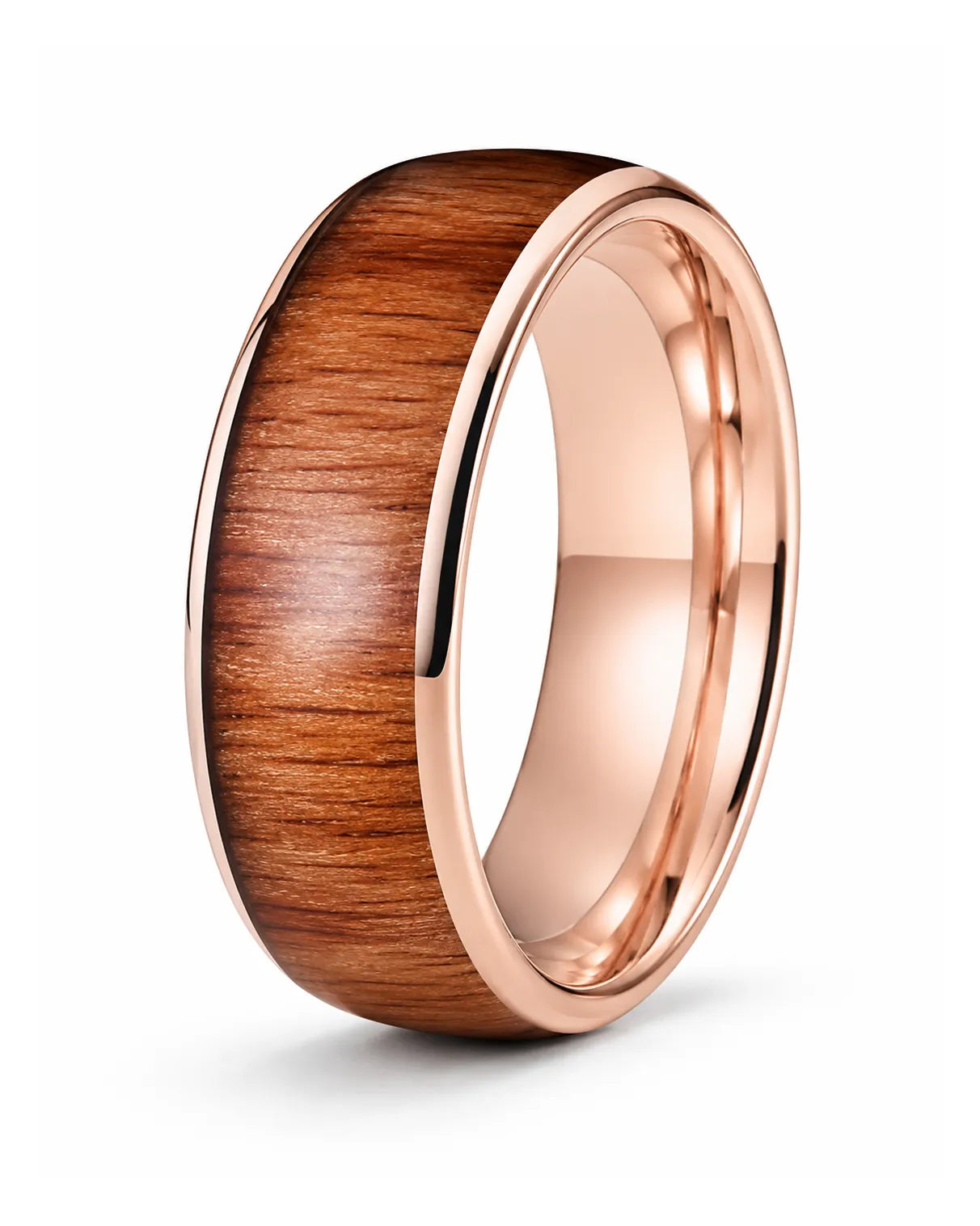 Men’s polished rose gold ring with a reddish-brown wood inlay, standing upright on a white background.