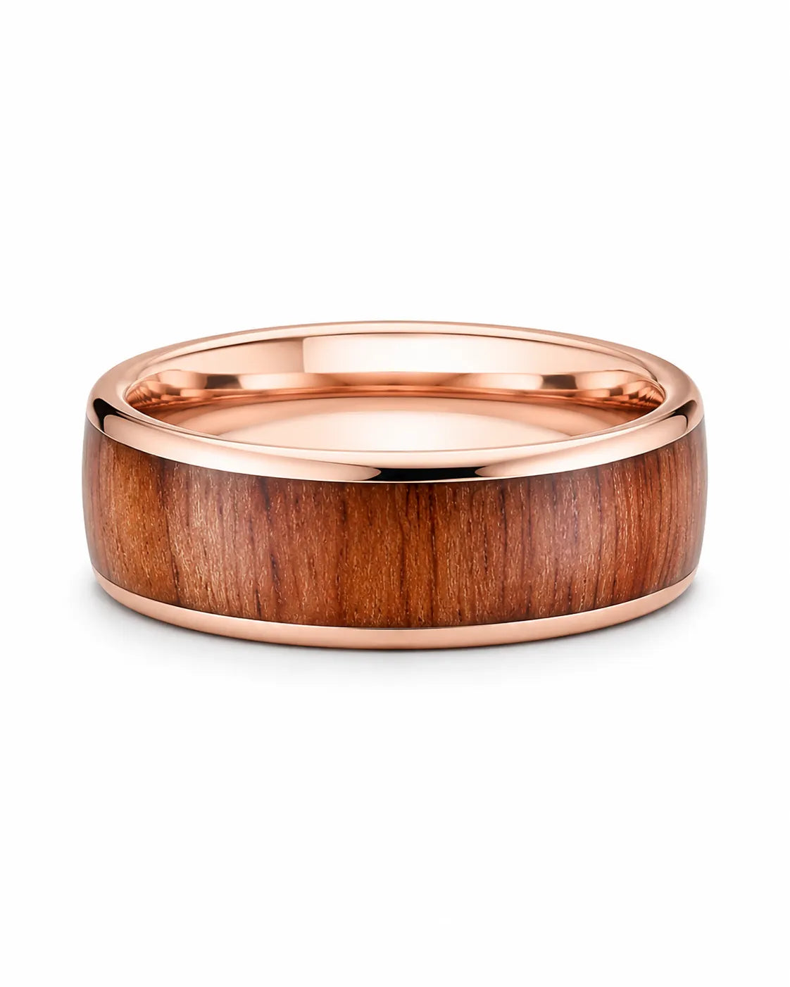 Men’s rose gold and reddish-brown wood inlay ring lying flat on a white studio background.