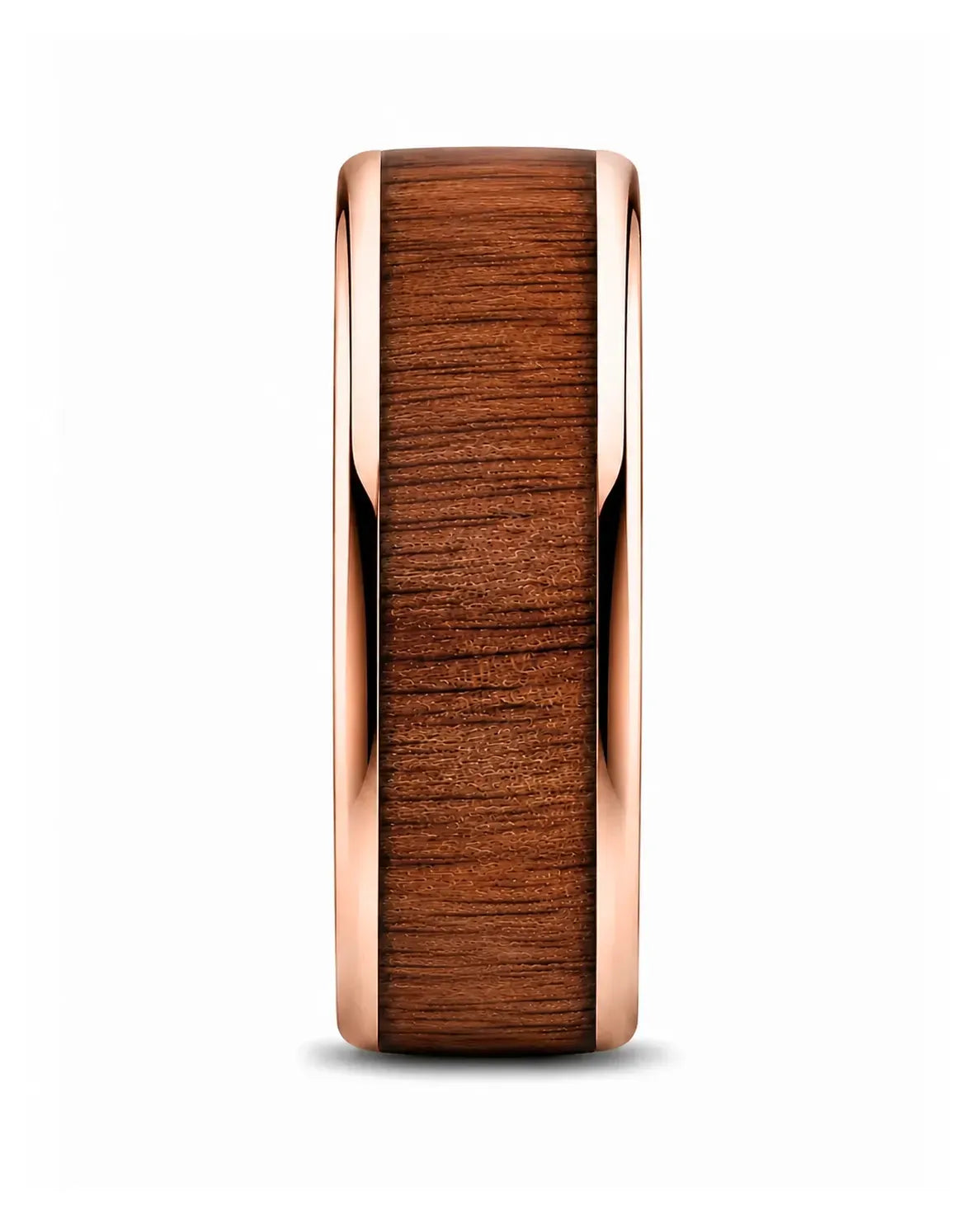 Side profile of a men’s ring featuring a reddish-brown wood inlay and polished rose gold edges.
