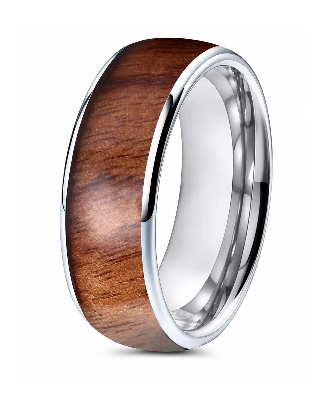 Men’s polished silver ring with a reddish-brown wood inlay, standing upright on a white background.