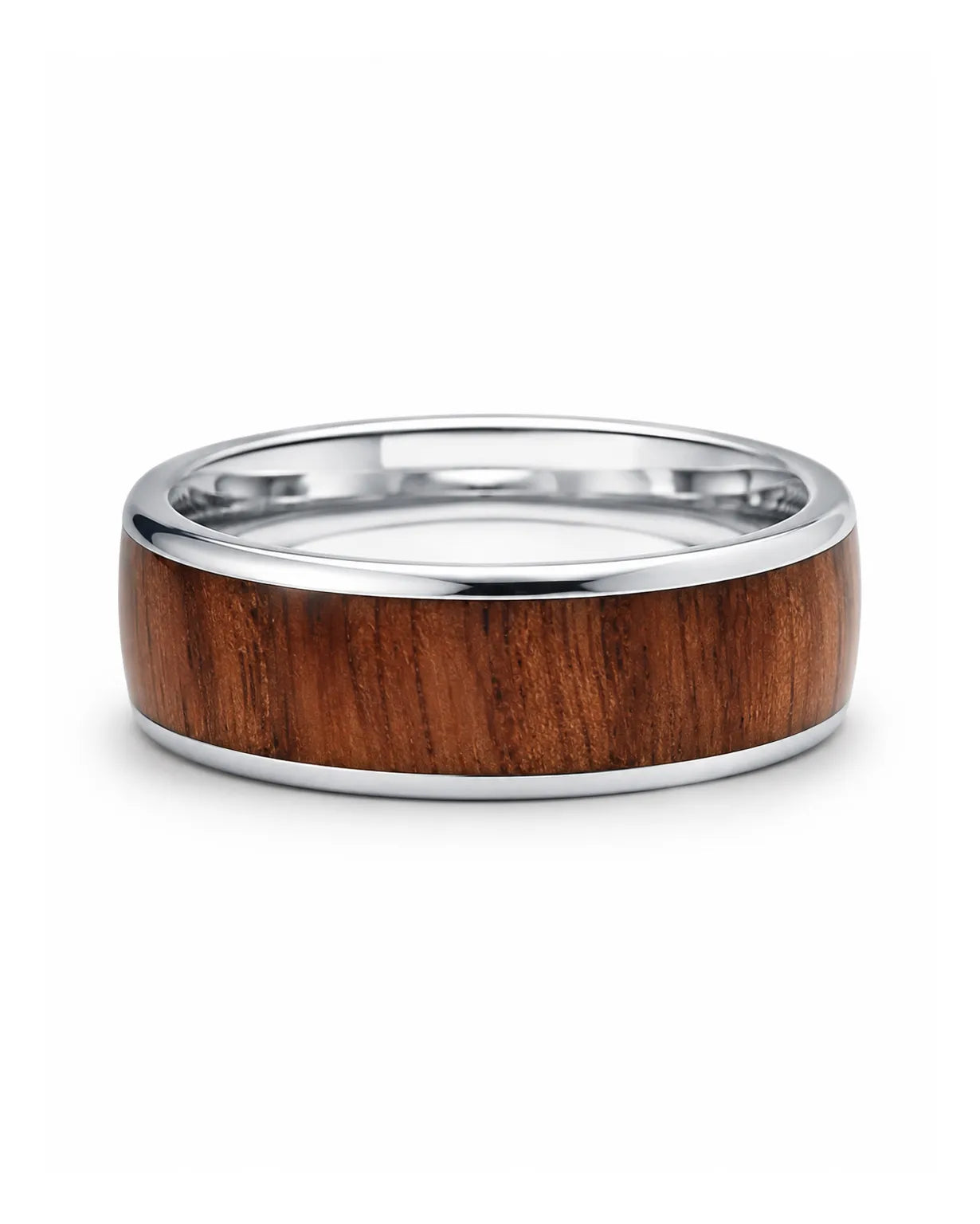 Men’s silver and reddish-brown wood inlay ring lying flat on a white studio background.