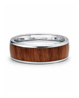 Men’s silver and reddish-brown wood inlay ring lying flat on a white studio background.