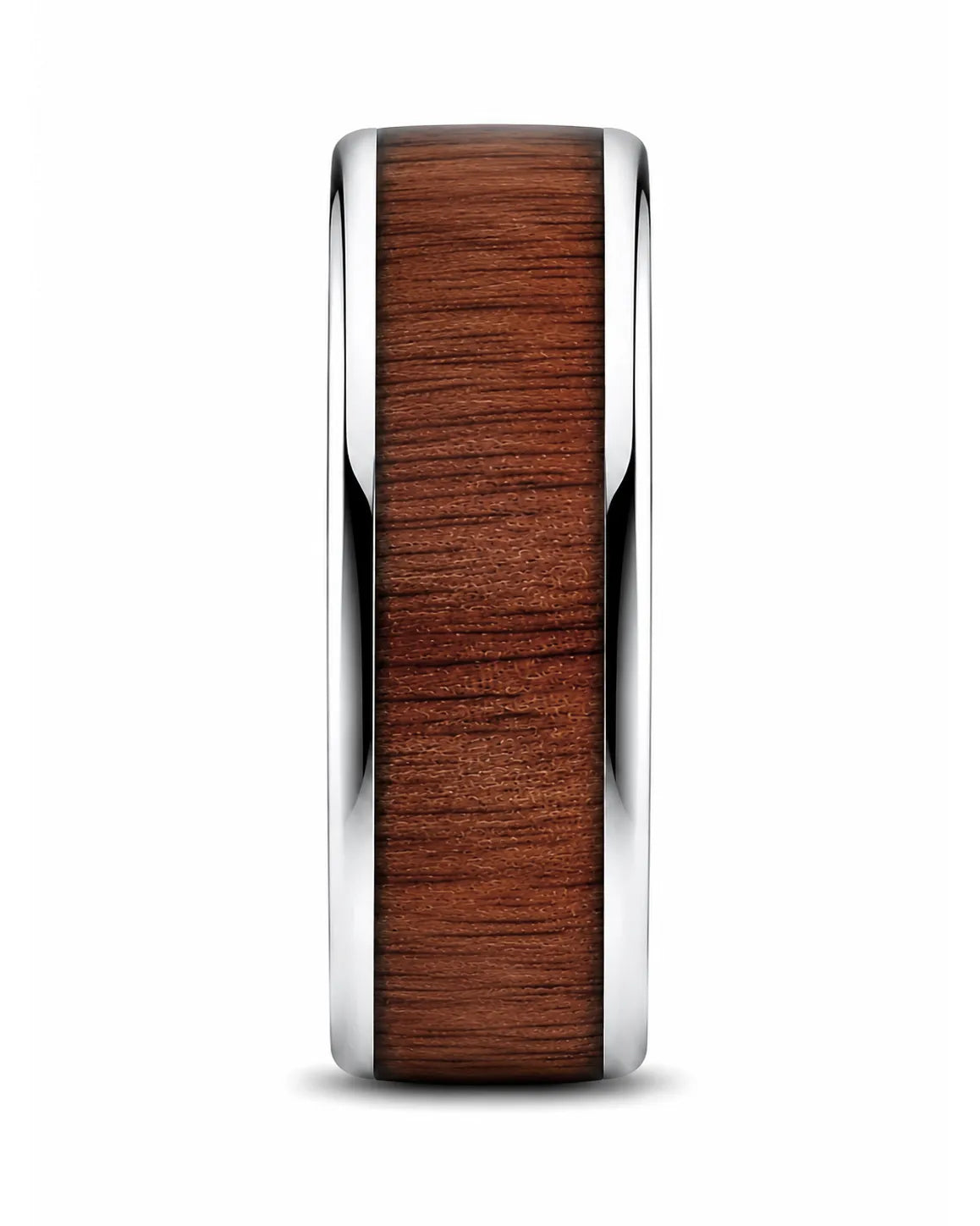 Side profile of a men’s ring featuring a reddish-brown wood inlay and polished silver edges.