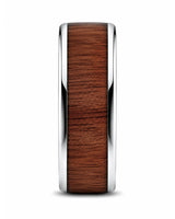 Side profile of a men’s ring featuring a reddish-brown wood inlay and polished silver edges.