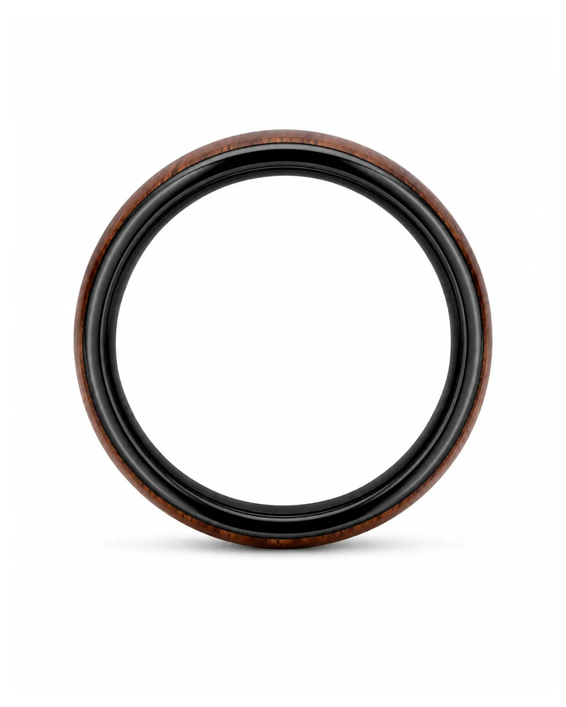 Side profile of a wide men’s ring with a reddish-brown wood centre and polished black edges.