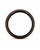Side profile of a wide men’s ring with a reddish-brown wood centre and polished black edges.