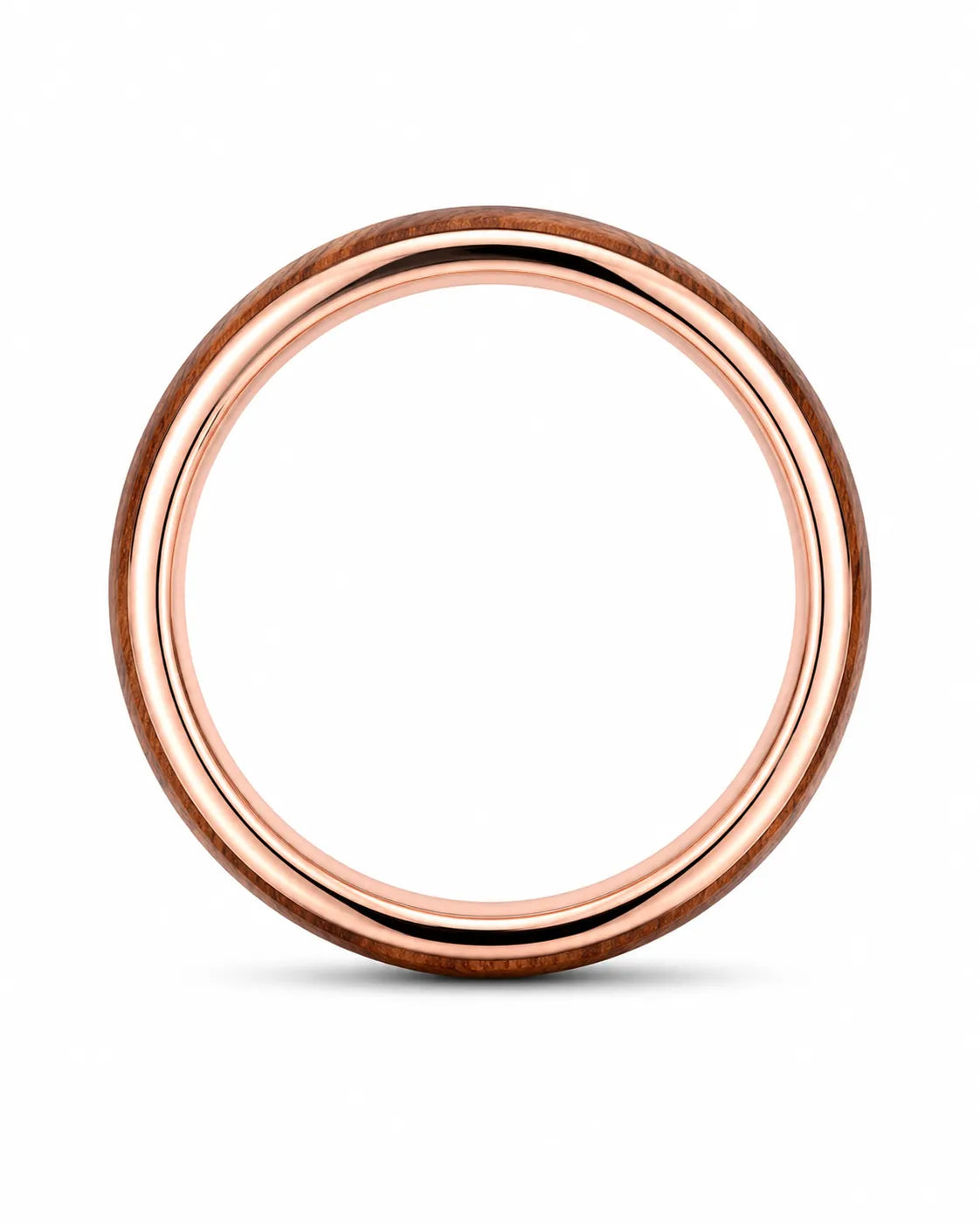 Side profile of a wide men’s ring with a reddish-brown wood centre and polished rose gold edges.