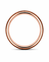 Side profile of a wide men’s ring with a reddish-brown wood centre and polished rose gold edges.