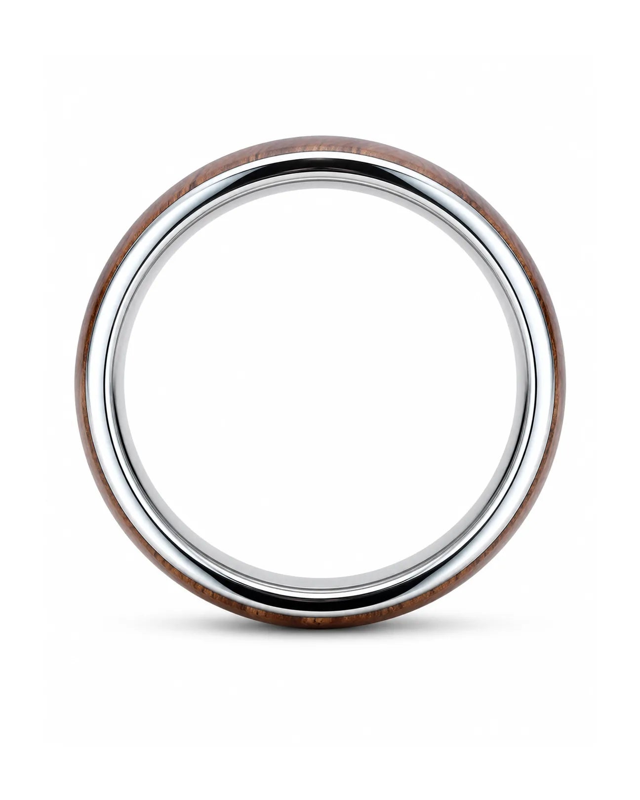 Side profile of a wide men’s ring with a reddish-brown wood centre and polished silver edges.