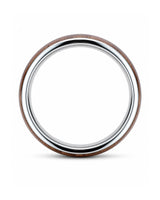 Side profile of a wide men’s ring with a reddish-brown wood centre and polished silver edges.